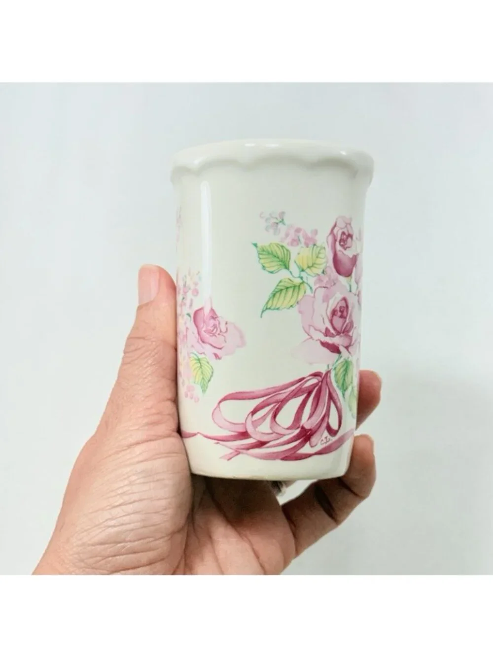 Vintage Potpourri Press Roses Ribbons Vase Flowers Pink Bouquet Toothpick Holder